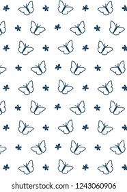 pattern with butterfly and flowers. Blue line on white background