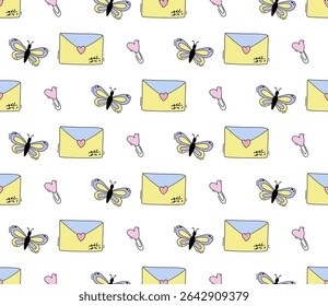 Pattern with butterfly, paper clip and letter.