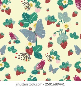 Pattern butterfly and strawberry , colorful butterflies Come smell the strawberry flowers