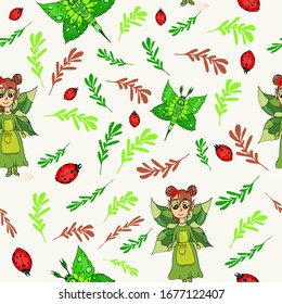 Pattern with butterfly, vector illustration with red insects, green branches, magic fairy with wings for decorating packaging paper, sketchbooks, postcards, clothing, albums, tablecloths, dishes