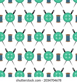 Pattern with buttons, needles and a spool of thread. Vector illustration isolated on white background. For use in packaging, print, textile design, fabric stores and tailor shops.