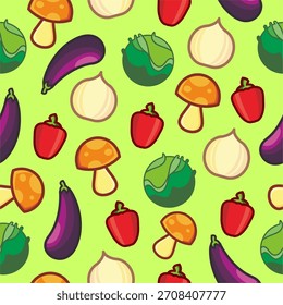 Patrón de repollo, ajo, champiñón, berenjena y paprica ilustración de diseño de Vector 