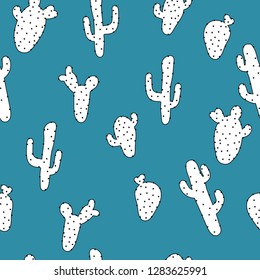 The pattern of cacti. Blue background, white cacti. Good for packaging, banner, textiles. Simple seamless pattern.