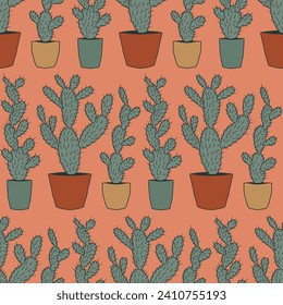 Patrón de cactus en ollas de colores. Patrón natural. Ilustración vectorial. Para imprimir.