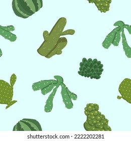 Pattern cacti of different shapes, background seamless illustration. Design element, vector isolated on light blue background.