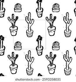 pattern of cacti of different sizes and types in flowerpots