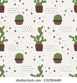 Pattern of cacti in a flower pot with hearts on an empty background. This pattern is suitable for scrapbooking and packaging.