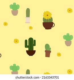 Pattern with cacti on a yellow background. Cactus blossoms.