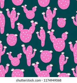 The pattern of cacti. Pink cacti on a dark background. Simple seamless pattern.