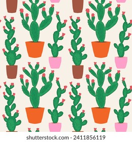Patrón con cactus. Plantas para el hogar. Cactus en una olla.