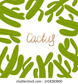 Pattern of cacti, postcard, hand drawn, lettering, cactus, frame, white background, vector illustration