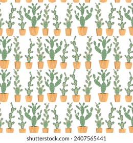 Pattern with cacti. Prickly pear in pots.