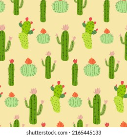 Pattern with cacti. Vector illustration on a colored background. For covers and brochures, prints for children, interiors, packaging and fabrics.