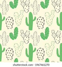 Pattern with cacti, vector. Seamless repeating background with different cacti. Black and color sketches and illustrations of succulents. Desert vegetation.