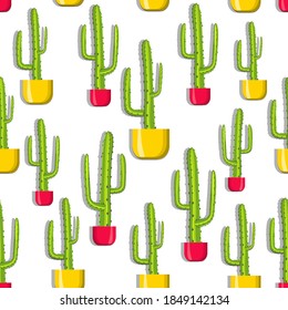 Pattern of cacti in yellow and red pots. vector illustration.