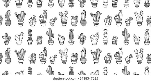 Pattern of cactus in doodle style. Seamless pattern of succulent on white background. Cacti home plants hand drawn background