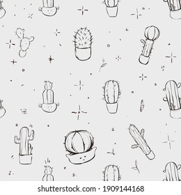 Pattern Cactus Line Handdraw Vector