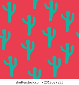 Pattern with cactus on a red background in doodle style. trendy design. Vector stock illustration. Groovy. hand drawn.