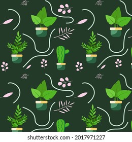 Pattern with cactus, plants, succulent. Green and pink. Pastel color. Print, wallpaper, fabric, textile