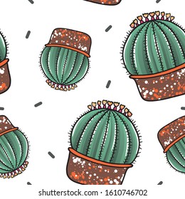 Pattern Cactus round with flowers. Hand drawn. Comic funny cartoon