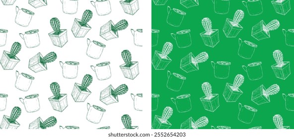 Pattern of Cactus and Teapot. 100% hand drawn vector image.