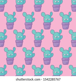 pattern of cactus tropicals in pot plants kawaii style vector illustration design