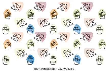 A pattern of cactus and watering can, drawn with lines and a colored background. The finished image in the vector.