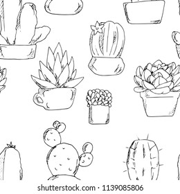 Pattern with cactuses. Hand painted vector illustration. Retro style.