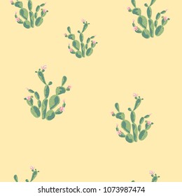 Pattern with cactuses on a yellow background. Children's pattern with green cacti. Cactus. A blossoming cactus.