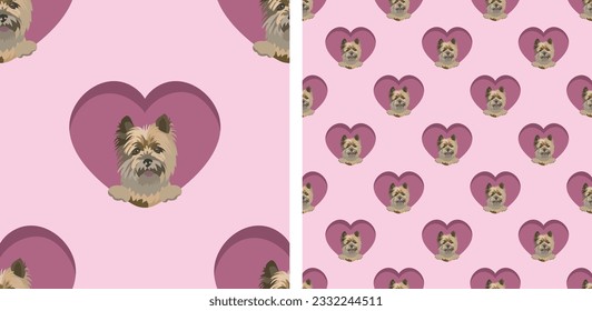 Muster mit Cairn Terrier mit Pfoten, Valentinstag Herztapete. Liebes Herz mit Haustier-Urlaub-Textur. Hundewand, die ein Herz hält, Cartoon, viereckiger rosafarbener Hintergrund. Valentinstag.
