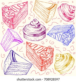 Pattern With Cake. Hand Drawn Vector Illustration. Perfect  For Wallpaper. Packing For A Gift, Banner, Card.