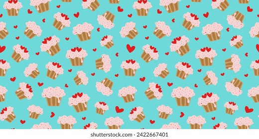 Pastel de patrón y corazones en estilo doodle. Artículos de confitería, productos horneados. Delicado pastel de crema. Día de San Valentín, boda, decoración. Diseño de empaque, papel pintado. Fondo vectorial.