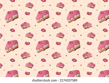 Pattern cake. Piece of cake with strawberry fudge and strawberries