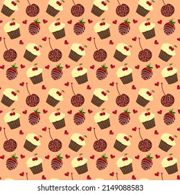 Pattern with cake, strawberries and cherries in chocolate. Vector illustration. For packaging, prints, covers and brochures, baby products, holidays.