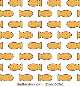 Pattern of caked fish in white background with mini doodle (icons). Vector Illustration