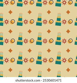 A pattern of cakes and candles on a yellow background. The cakes are in various shapes and sizes, and the candles are scattered throughout the design. Scene is celebratory and festive