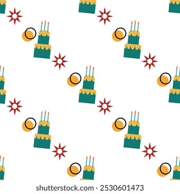 Un patrón de pasteles y velas se muestra sobre un fondo blanco. Los pasteles son verdes y azules, y las velas son rojas. El patrón se compone de muchos pasteles Pequeños y velas, creando un ambiente festivo