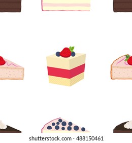 Pattern of cakes, cheesecakes, pies in flat style with berries. Berry, jelly, cocoa, coffee cakes with cream.