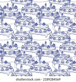 Pattern cakes in the contour. Cakes with minimal decorations, on a colored background. Vector hand-drawn illustration of doodles. Children's illustration