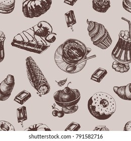 Pattern with of cakes and cup of coffee. Seamless pattern in vintage and sketch style. Hand drawn vector illustration
