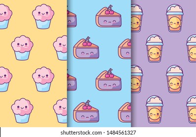 pattern of cakes with cupcakes and drinks kawaii