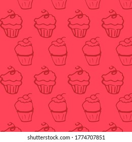 Pattern with cakes. Pink background. It can be used in the design of food delivery services, cafe menus, etc