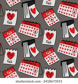 Pattern of calendars marked February 14th is a flat doodle. Valentine's Day calendar page with a seamless pattern in the background. Business flat vector illustration. Valentine's Day, February 14th