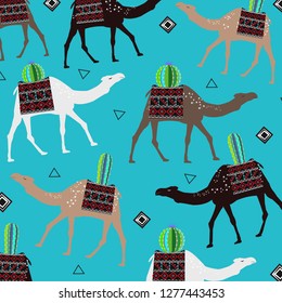 Pattern with camel in the desert with cactus. Vector illustration