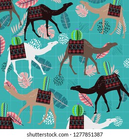 Pattern with camel in the desert with cactus. Vector illustration