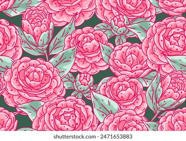 Pattern with camellia flowers. Beautiful decorative plants.