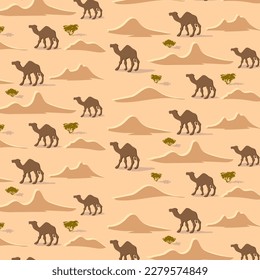 Pattern with camels in the desert.Camels on a colored background with sand dunes in a vector pattern.