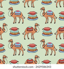 A pattern with camels and traditional oriental pillows seamless vector illustration