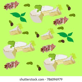 Pattern with Camembert cheese, olives, basil and bacon slices