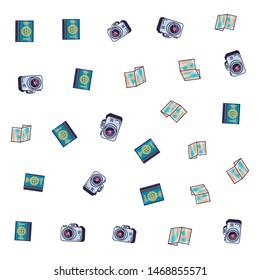pattern of camera with paper map and passport